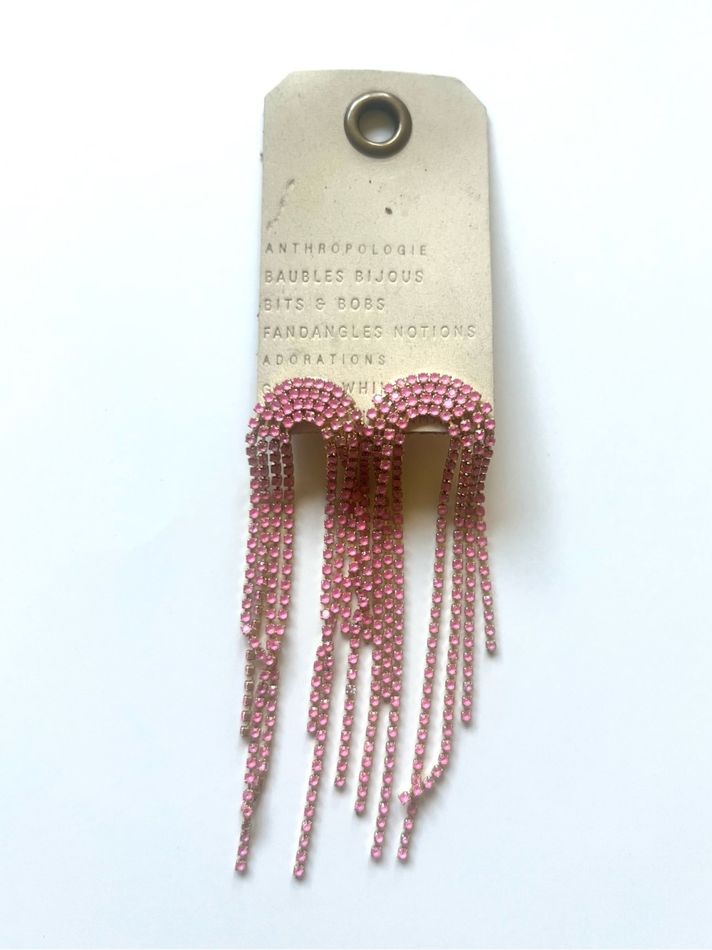Anthropologie Pink and Gold Statement Earrings rhinestone dangles arch rainbow
